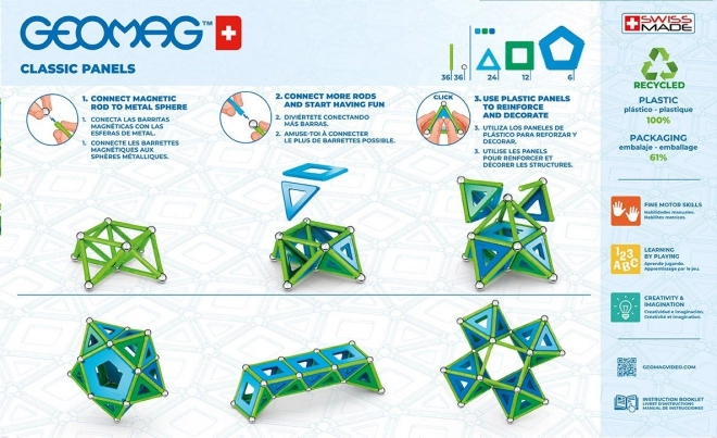 Blocuri magnetice reciclate geomag classic panels, set de 114 piese