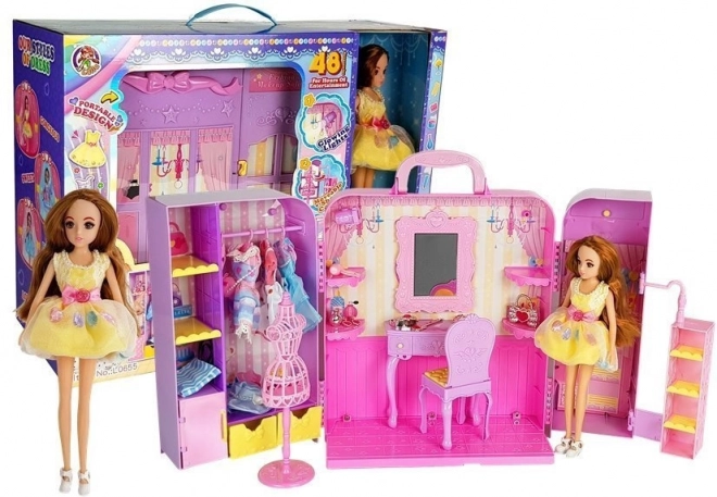 Dressing cu iluminare și oglindă, păpușă 26 cm, set vestimentație și accesorii