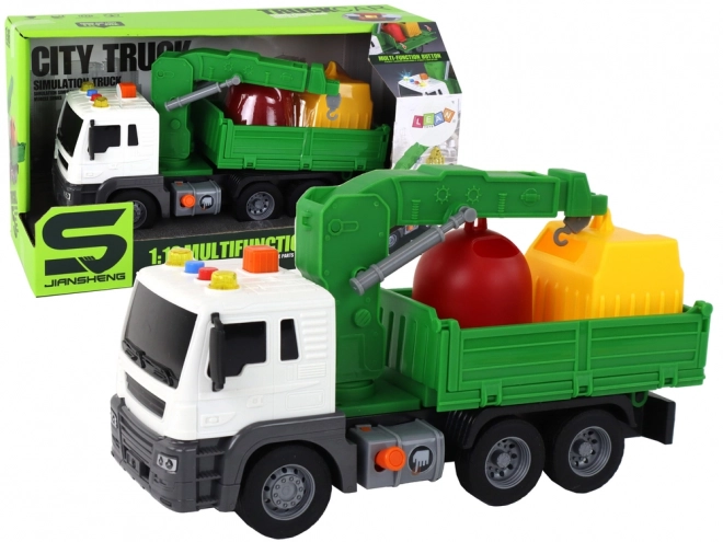 Camion de gunoi cu macara verde 1:16 cu sunete și tracțiune cu frecare