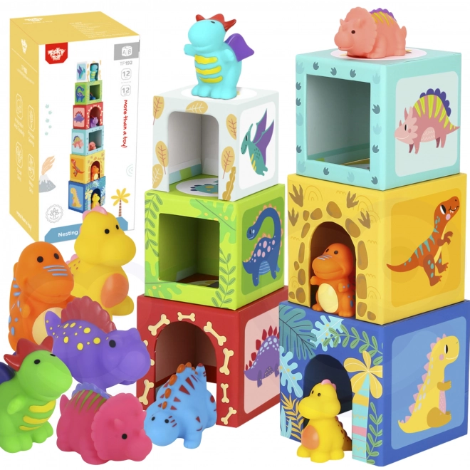 Jucărie educativă din lemn cu dinozauri și blocuri Tooky Toy