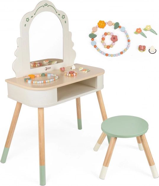 Masa de toaletă din lemn cu oglindă rotundă și accesorii Pastel Classic World