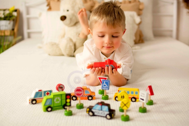 Set din lemn de vehicule și indicatoare rutiere Tooky Toy