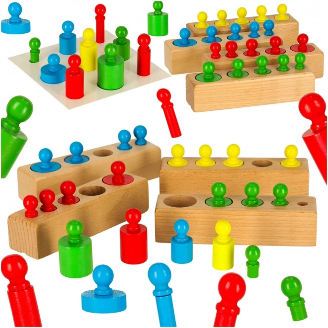 Puzzle montessori din lemn – cilindri colorati și greutăți