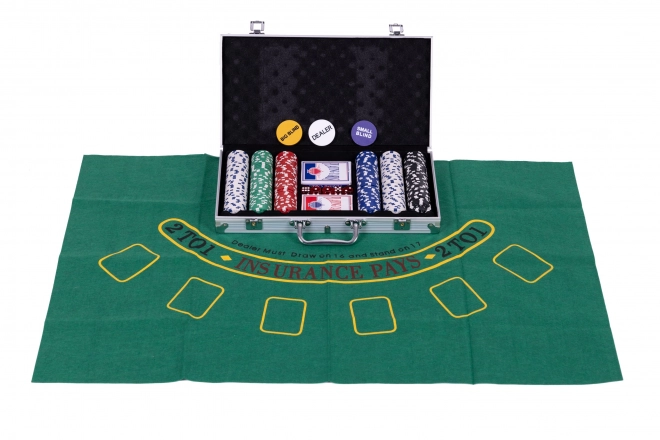 Set Poker Blackjack cu 300 Jetoane, 2 Pachete Cărți, Zaruri și Husă cu Încuietoare
