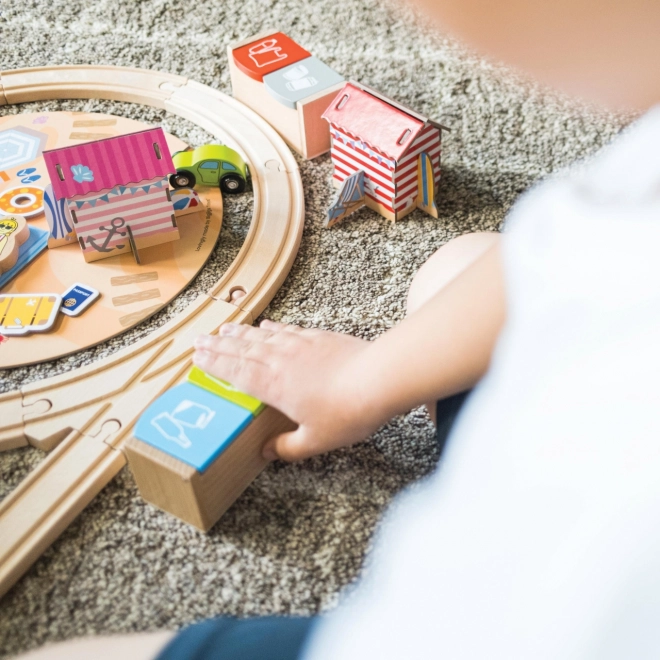 trenuleț de lemn bigjigs rail set aventură pe coastă 70 de piese