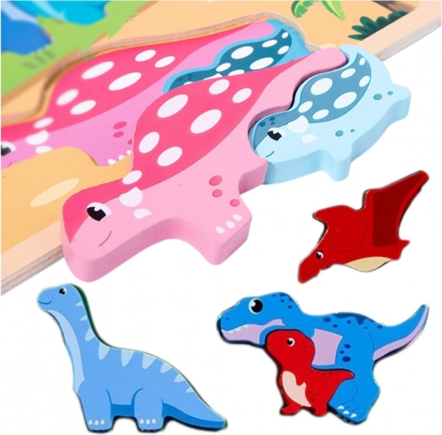 Puzzle educativ din lemn cu dinozauri și tablă de desen