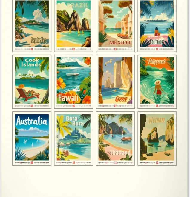 Calendar de perete Afișe vintage Paradisuri tropicale 2026
