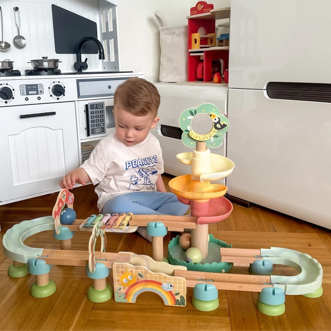 Traseu din lemn cu bile și xilofon Tooky Toy 44 piese