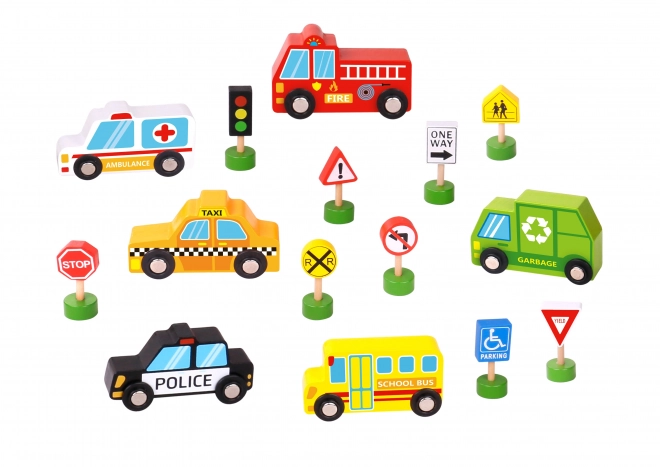 Set din lemn de vehicule și indicatoare rutiere Tooky Toy