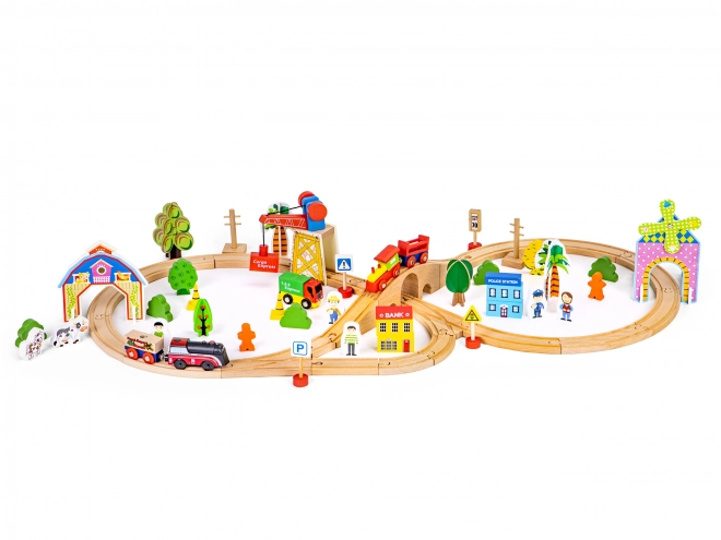 Set cale ferate din lemn cu tren pe baterii 78 de piese Ecotoys