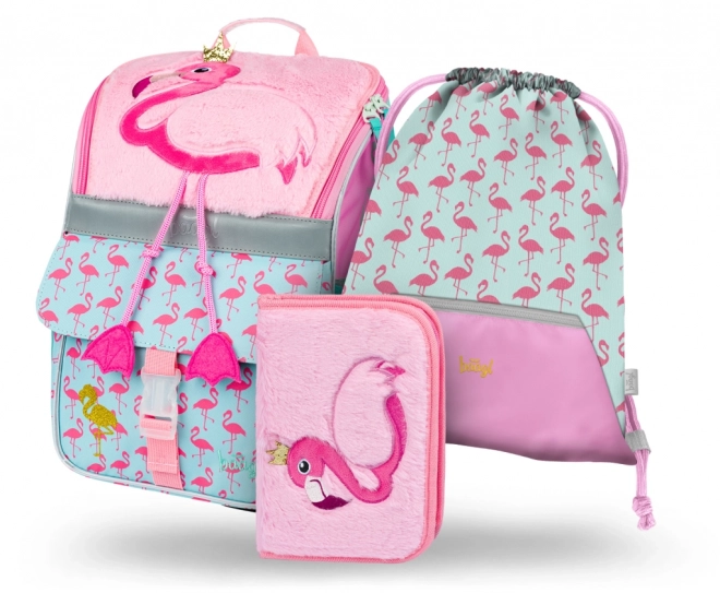 Set 3 piese BAAGL Zippy Flamingo: Ghiozdan, penar, saculet