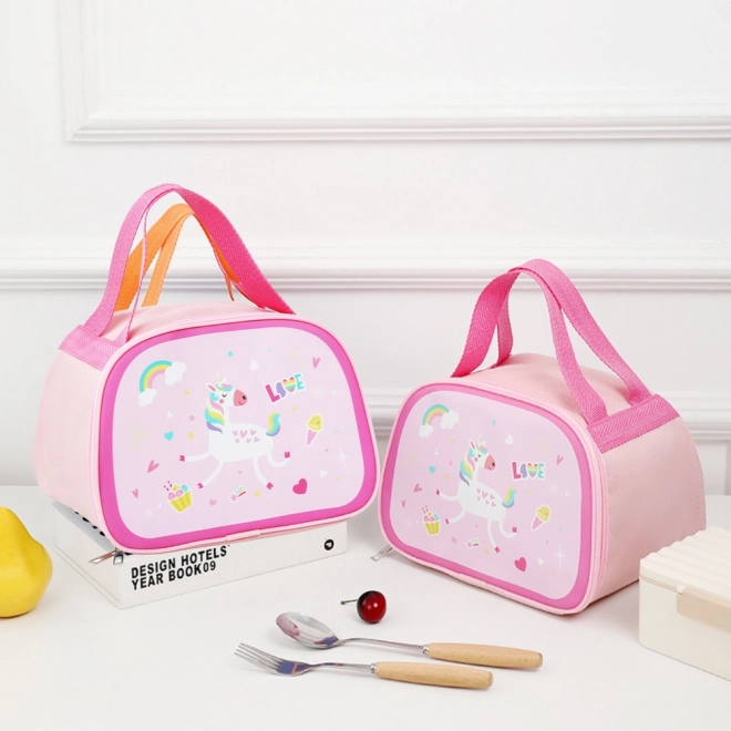 Geantă termoizolantă roz pentru prânz cu unicorn, 23cm