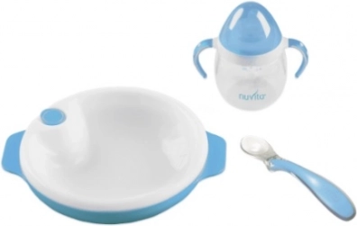 Set de farfurie termică cu linguriță din silicon și cană, albastru pastel