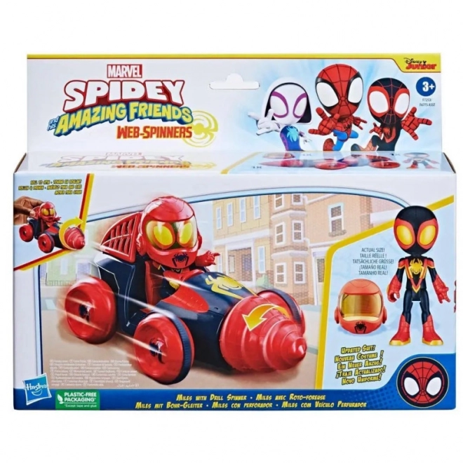 Figurină cu vehicul Spidey Miles Drill Spinner