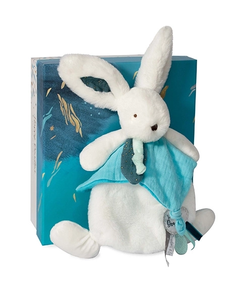 Set cadou doudou - iepuraș de pluș cu păturică 25 cm albastru