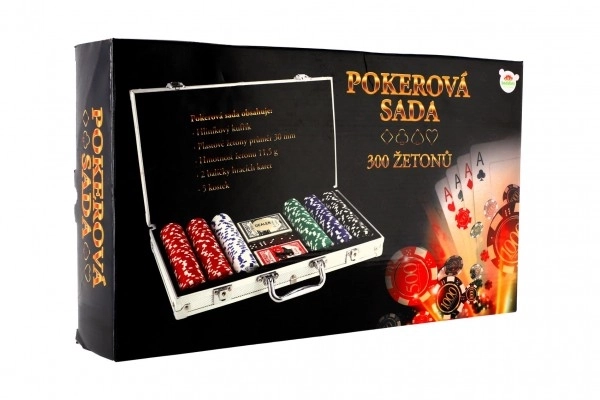 Set poker 300 bucăți cu cărți și zaruri în servietă de aluminiu