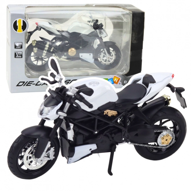 Motocicletă sportivă metalică albă 1:12 cu efecte
