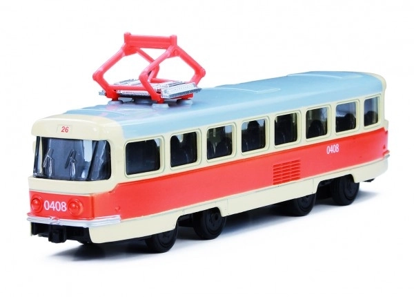 Tramvai retro Tatra T3 din metal, 16 cm, cu întoarcere, în cutie, design CZ