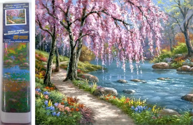 pictura cu diamante Sakura la râu 30x40cm