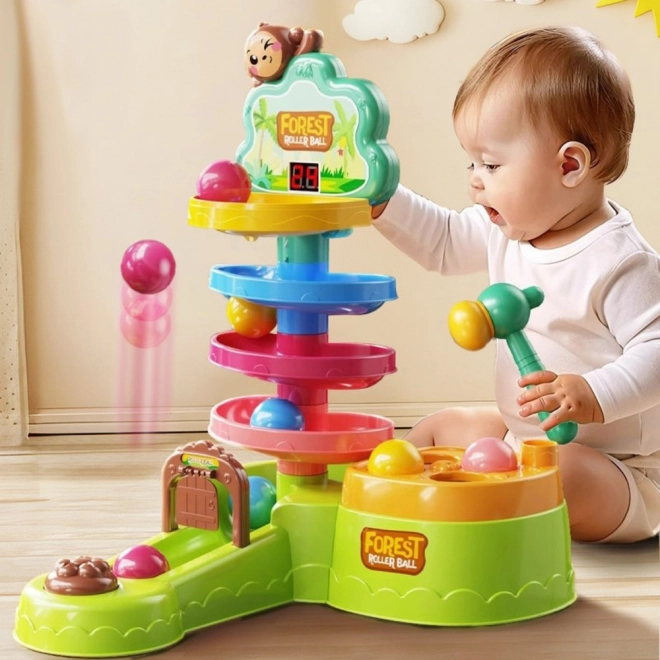 Pista cu bile Interactivă Tobogan Sensorial Catapultă cu Ciocănel
