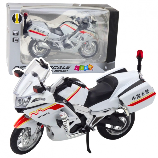 Motocicletă din metal cu lumini și sunete, albă cu dungi roșii și galbene 1:12