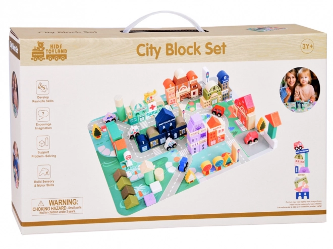 Set de blocuri de lemn pastelate cu oraș și covoraș puzzle 115 piese