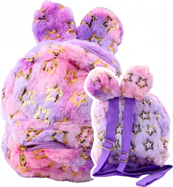 Rucsac de pluș pentru copii cu urechiușe și steluțe aurii violet-roz