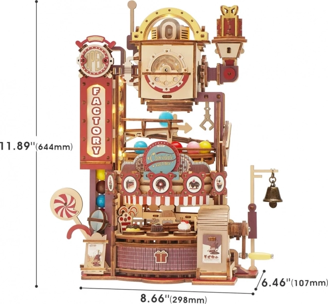 Puzzle 3D din lemn pista cu bile robotime rokr fabrica de ciocolată cu leduri