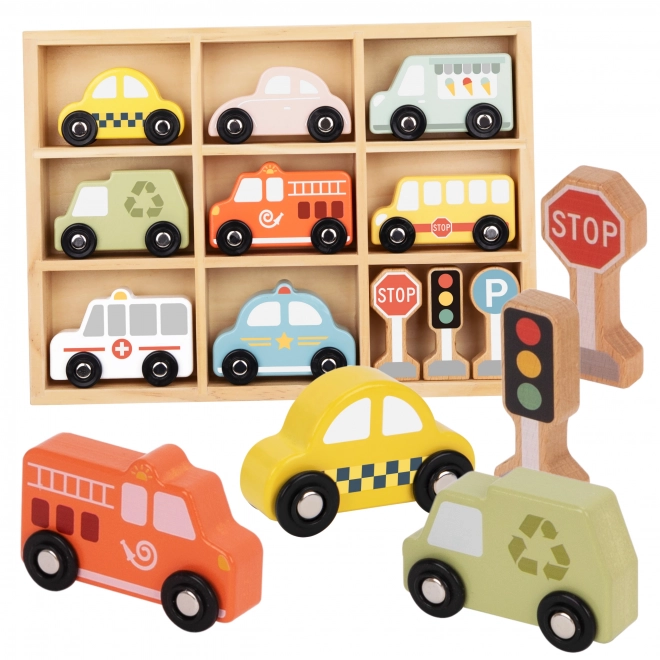 Set Vehicule și Semne de Circulație din Lemn pentru Copii