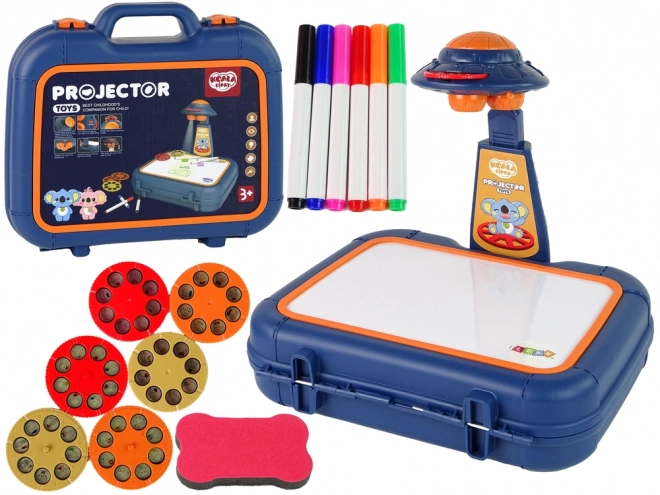 Tablă de desen cu proiector în valiză albastră cu imagini