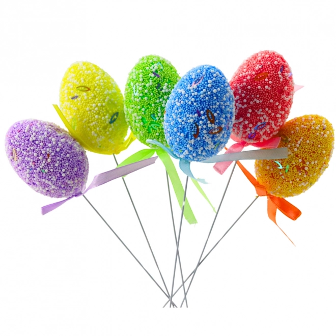 Ouă de Paște colorate pe sârmă cu fundă decorativă set 6 bucăți