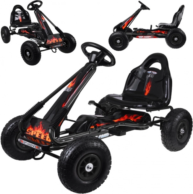 Kart mare cu pedale pentru copii, cu scaun reglabil și roți gonflabile – negru