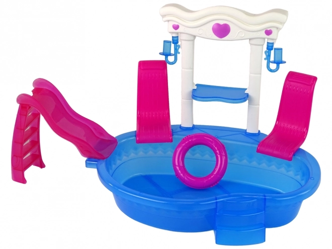 Set păpușă cu accesorii piscină și tobogan