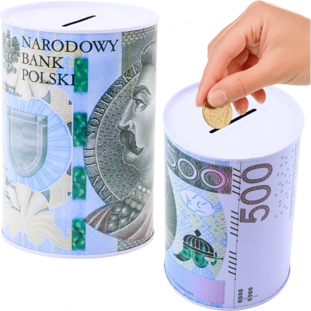 Pușculiță metalică cu imprimare bancnotă 500 PLN pentru copii