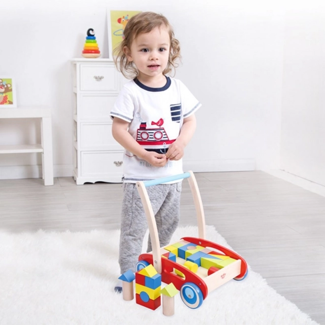 Pusher din lemn cu blocuri Tooky Toy pentru copii