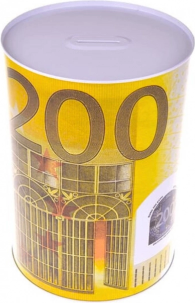 Pușculiță metalică în formă de cutie cu motiv bancnotă 200 Euro