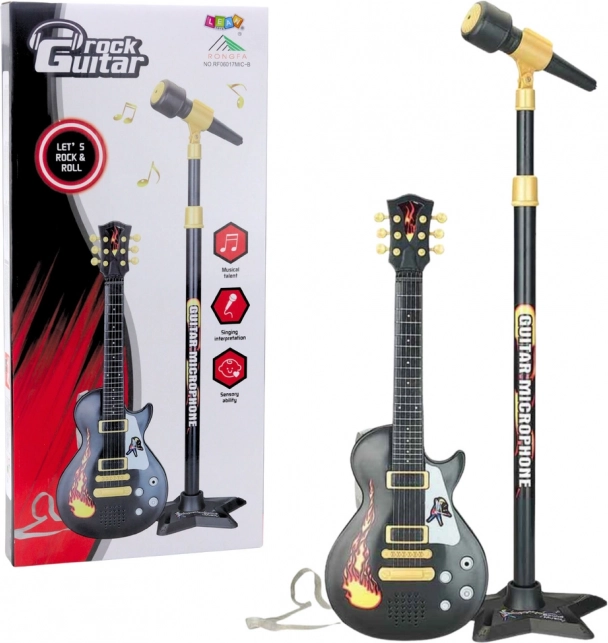 Set muzical pentru copii cu chitară și microfon pe stativ – negru