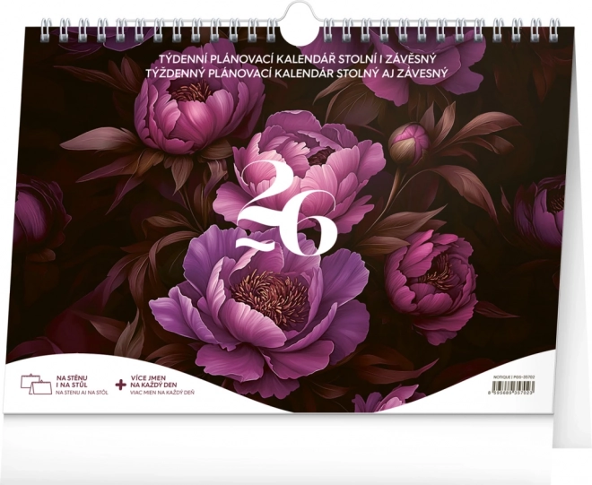Calendar săptămânal de planificare Flori mov 2026, 30 x 21 cm