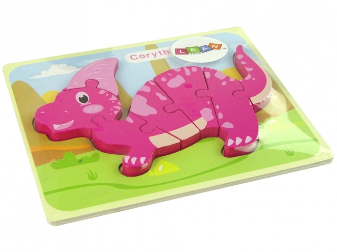 Puzzle de lemn dinozaur Corythosaurus roz și Spinosaurus violet