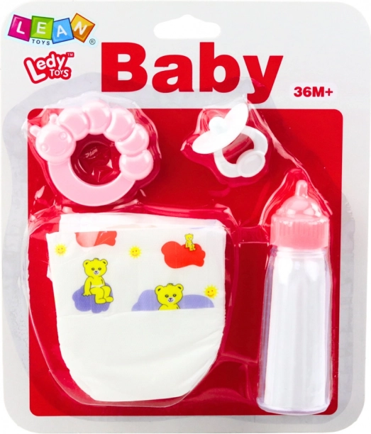 Set accesorii pentru păpuși cu biberon, suzetă, scutec și zornăitoare