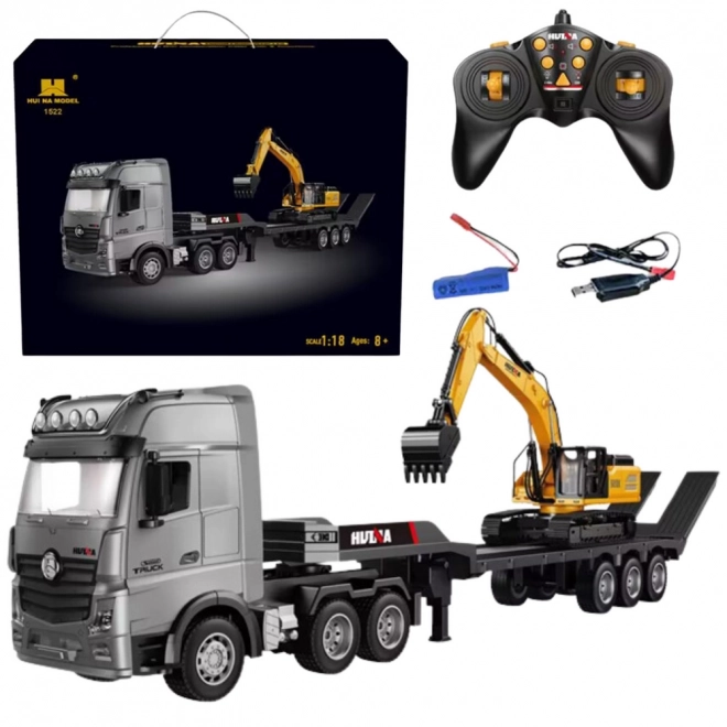 Camion controlat de la distanță cu remorcă și excavator Huina 1:18