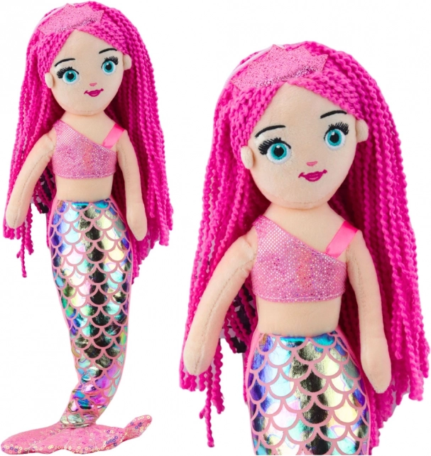 Păpușă moale sirenă cu coadă holografică roz 48 cm