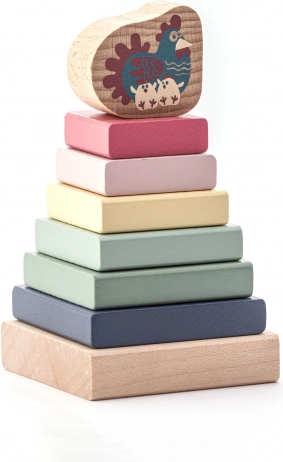 Cubika piramidă colorată din lemn în culori pastel cu găinușă – puzzle cu 8 piese
