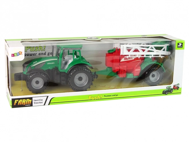 Tractor verde cu pulverizator roșu-verde cu tracțiune prin frecare