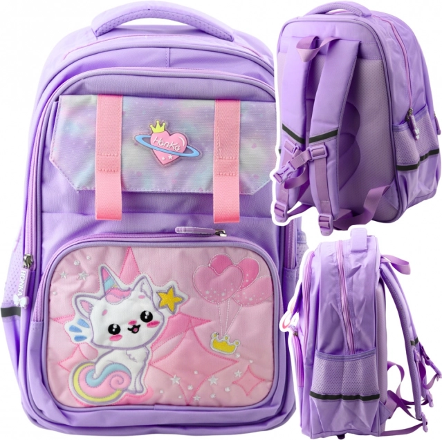 Rucsac școlar violet cu pisică și curea de piept 20L