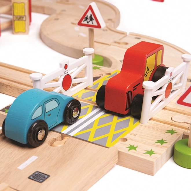 Set de tren și cale rutieră din lemn Bigjigs Rail, 80 de piese