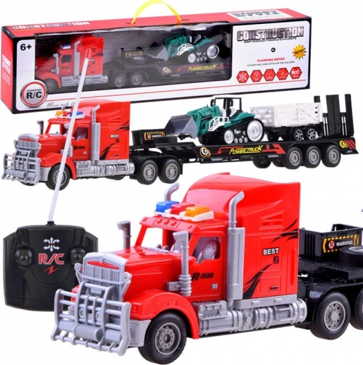 Camion RC cu șasiu coborât și remorcă low-loader și tractor cu remorcă – Roșu