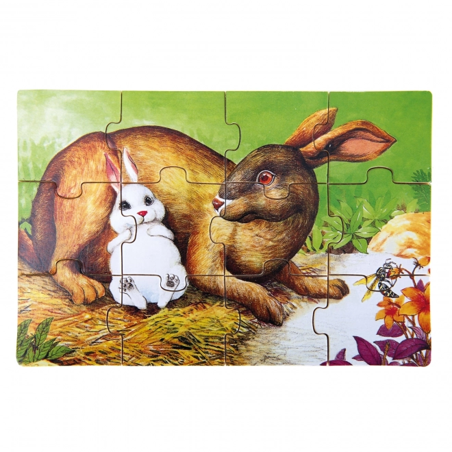 Puzzle din lemn Bino cu animale în cutie