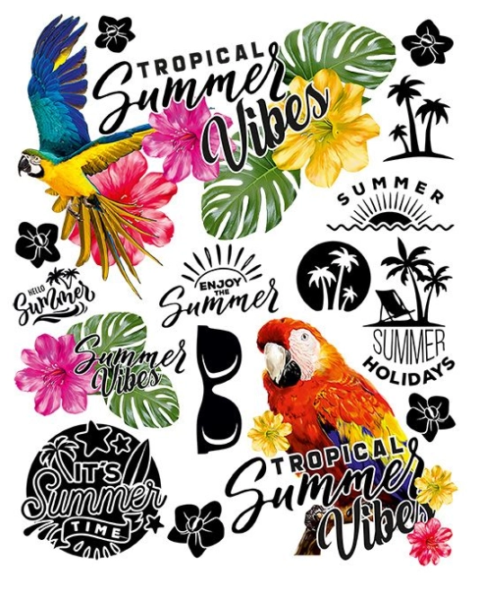 Motive de vară și tropicale pe o singură coală