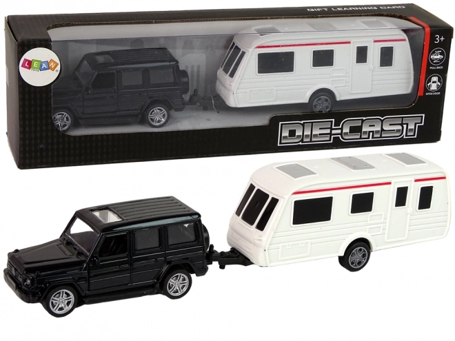 Set vehicule negre Jeep cu rulotă și elemente metalice